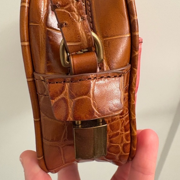 J. Crew Mini Leather Signet Camera Bag in Pink Yellow Brown Embossed Croc - Picture 5 of 16